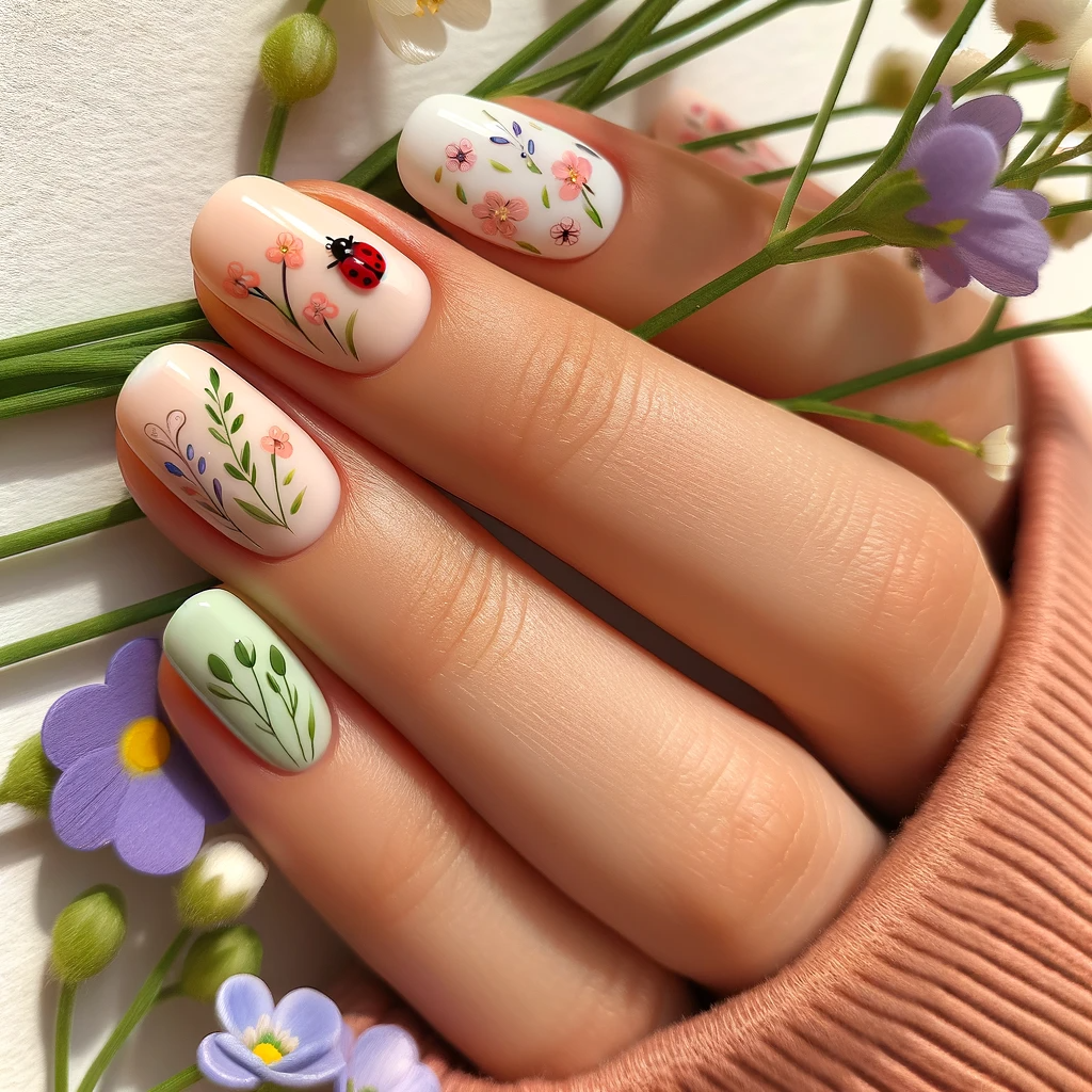 nail design with tiny flowers and leaves