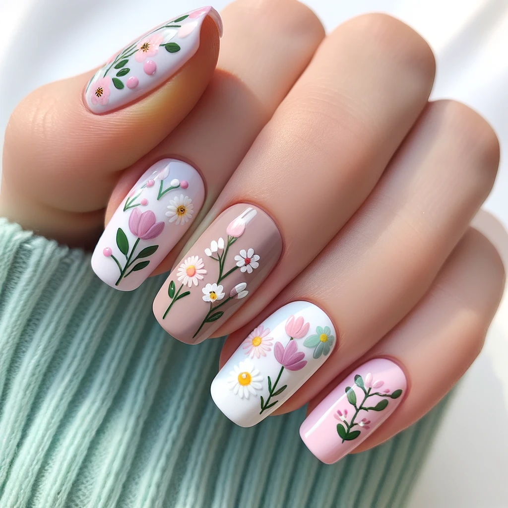 nail designs of spring flowers like daisies, tulips