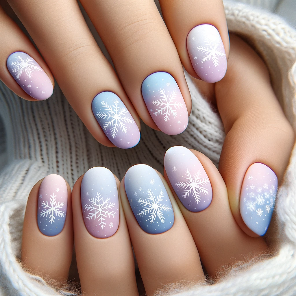 nail with soft pastel hues of pink, blue, and lilac