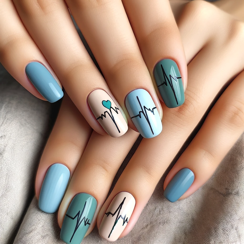 nails featuring a soft blue or green base with a heart monitor line and heart