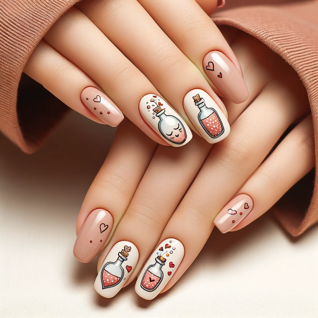 nails featuring tiny illustrations of love potion bottles with hearts