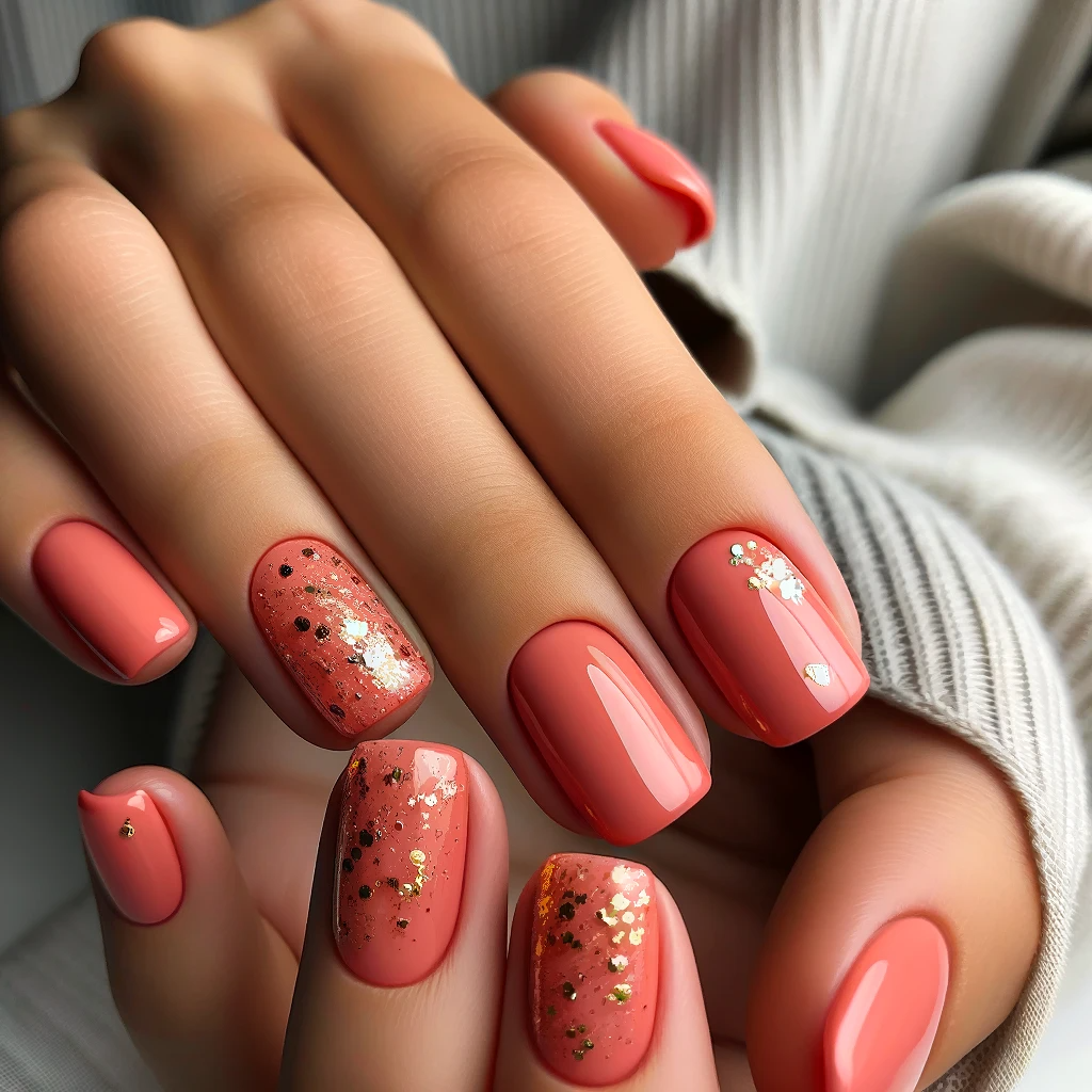 nails painted in a soft coral hue, sprinkled with tiny gold flecks