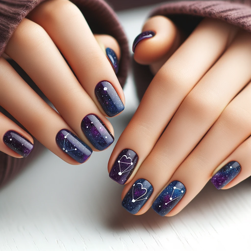 nails painted in deep purples and blues with heart-shaped constellations