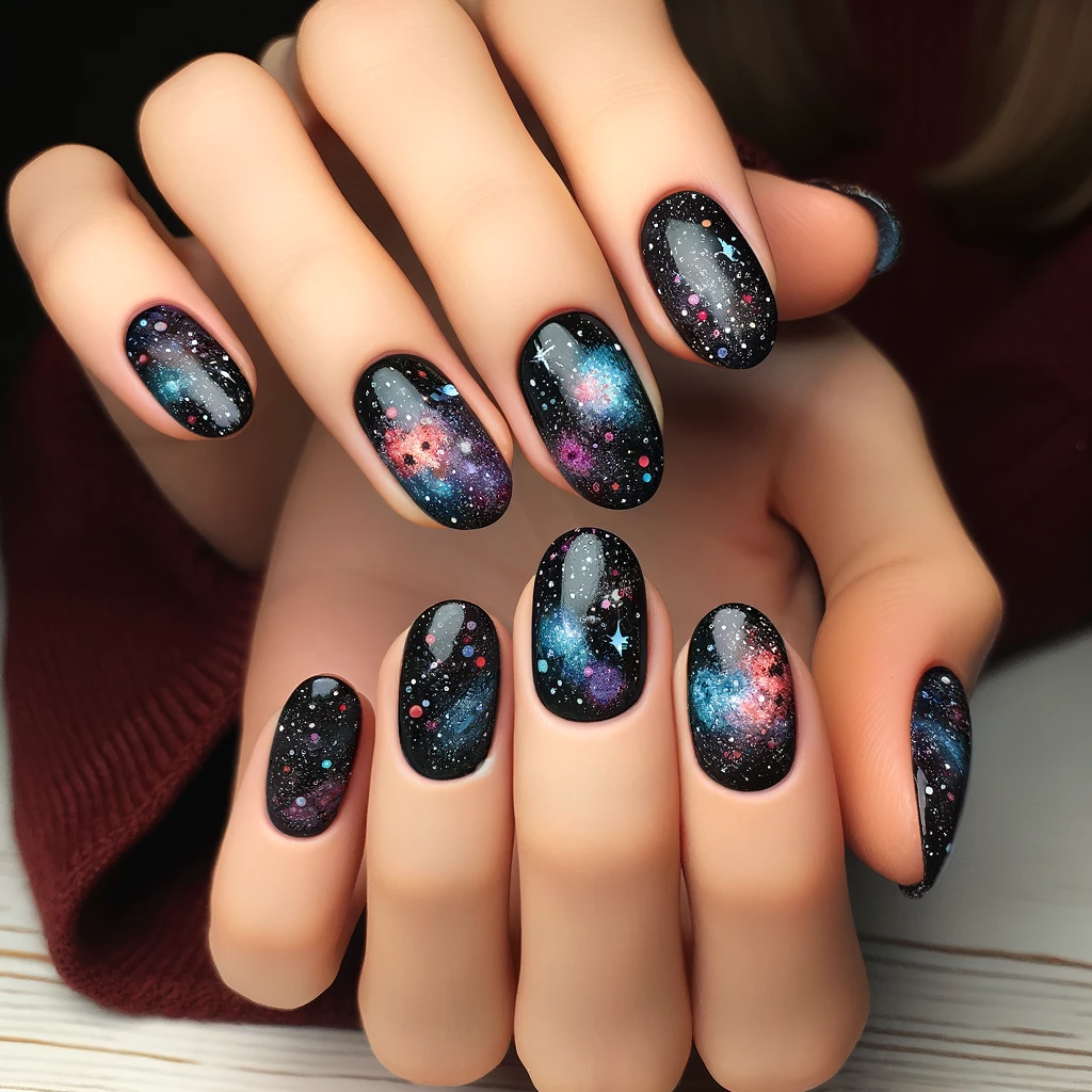 nails with a galaxy design, black polish speckled with colorful glitter