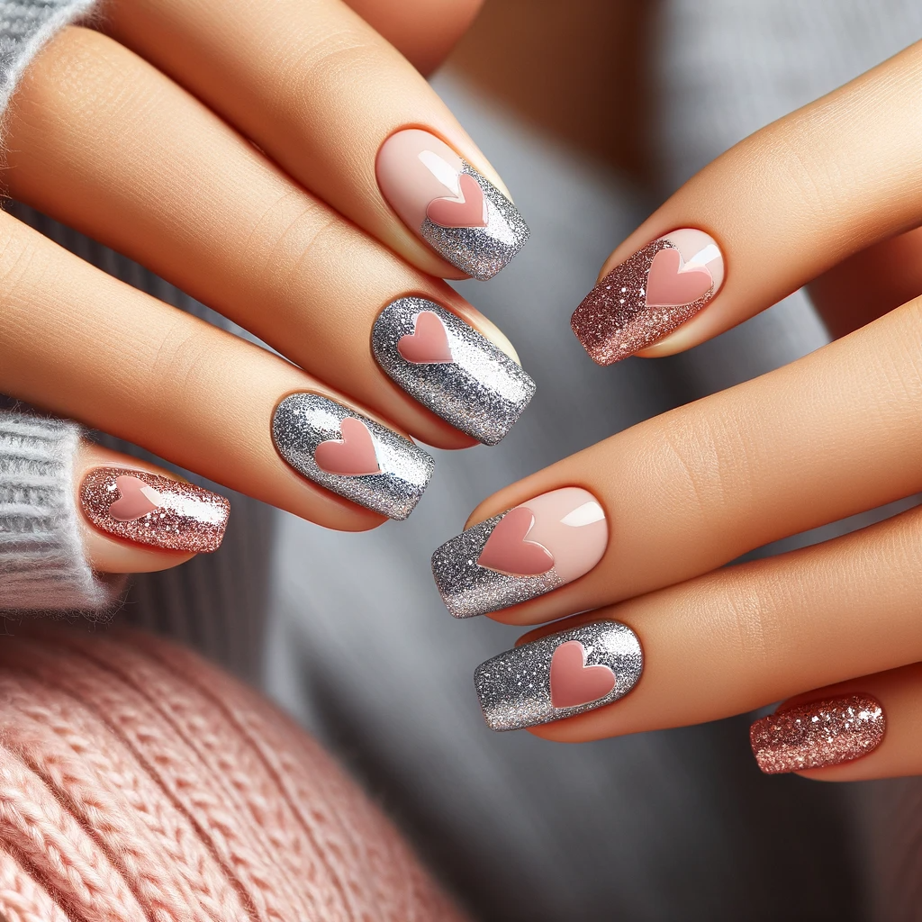 nails with a glittery base color with solid or outlined hearts in a contrasting shade