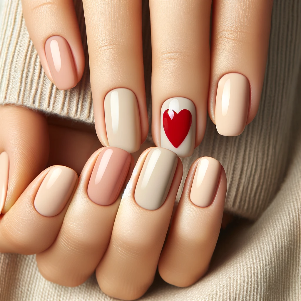nails with a nude or light pastel base with a single, vivid red heart
