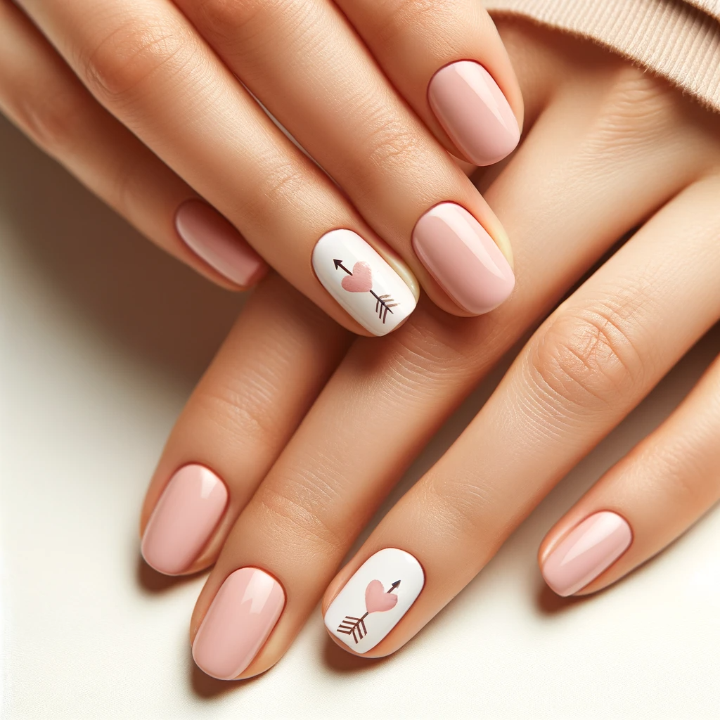 nails with a pale pink base and a small heart pierced by a delicately painted arrow