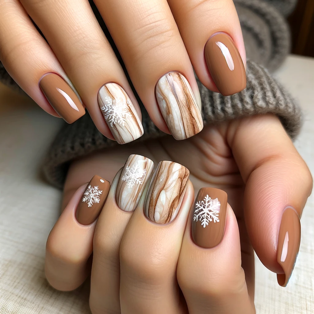 nails with a wooden effect base with marbled brown
