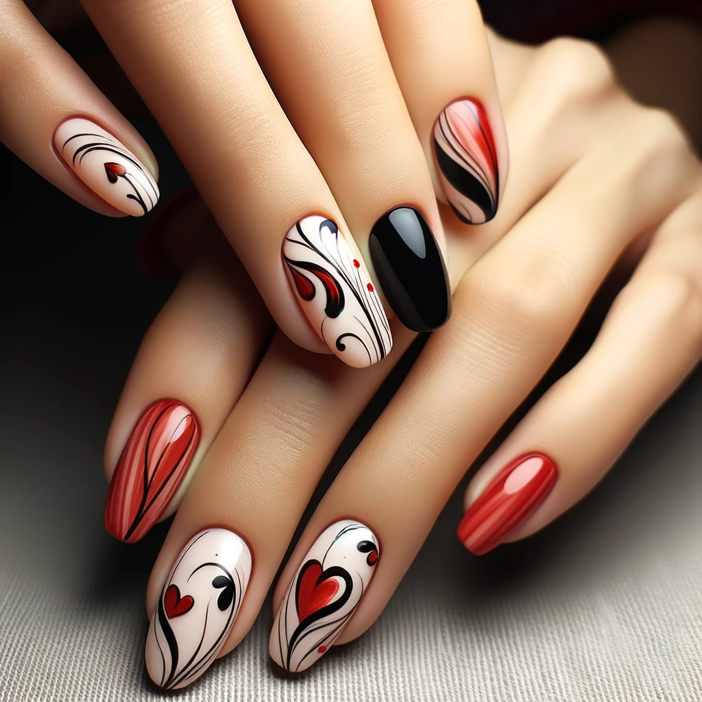 nails with abstract swirls of red and black, with heart shapes