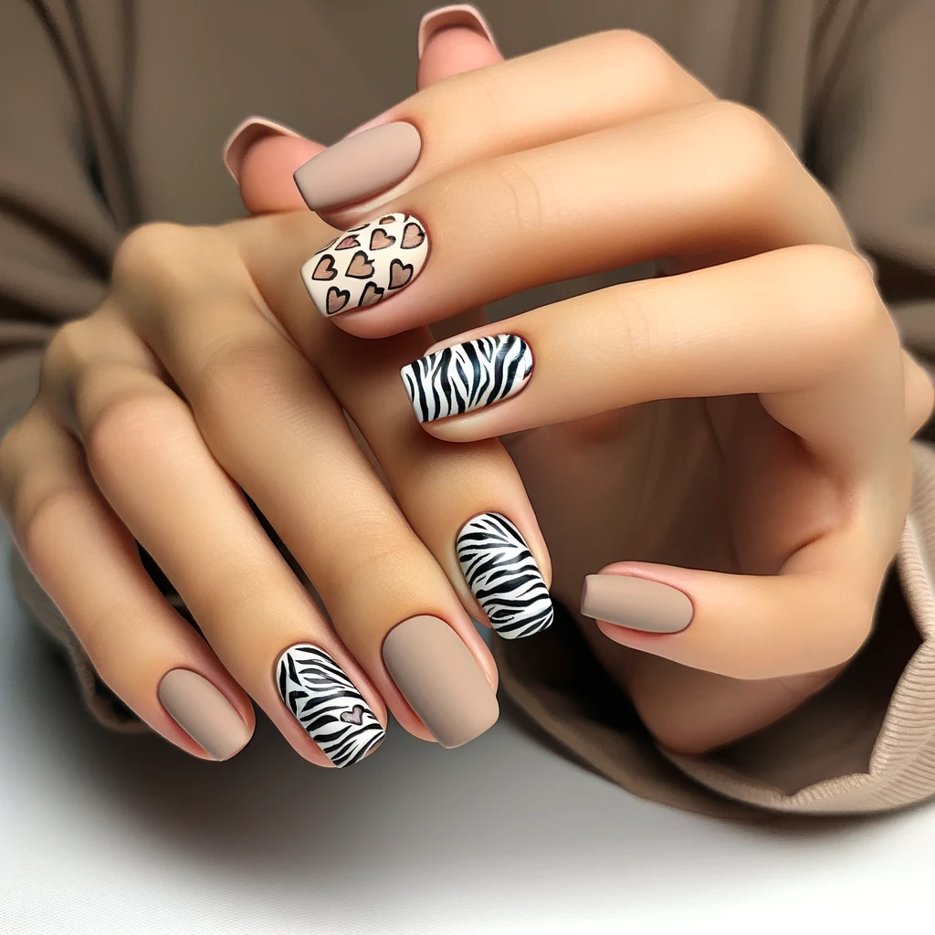 nails with a neutral base color like beige or soft grey and zebra stripes with hearts