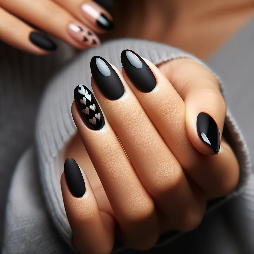 nails with black base and glossy black hearts