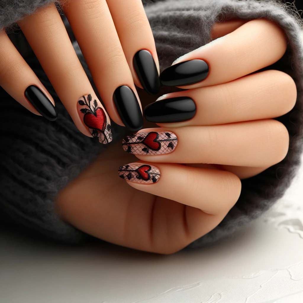 nails with simple red heart lace designs