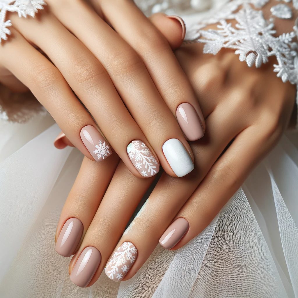 neutral or pale pink nails with delicate white snowflake designs