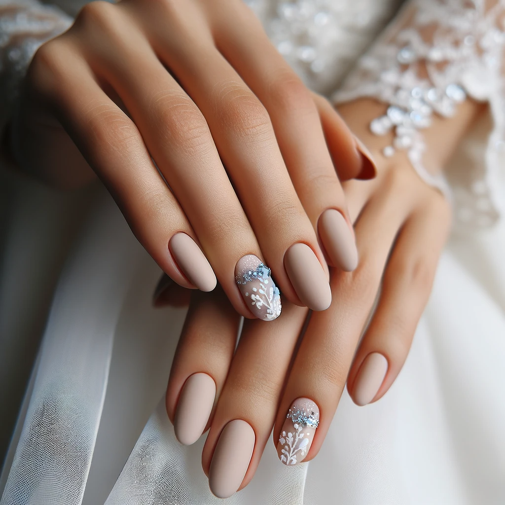 nude nails with a frosted, matte finish, embellished with small crystals
