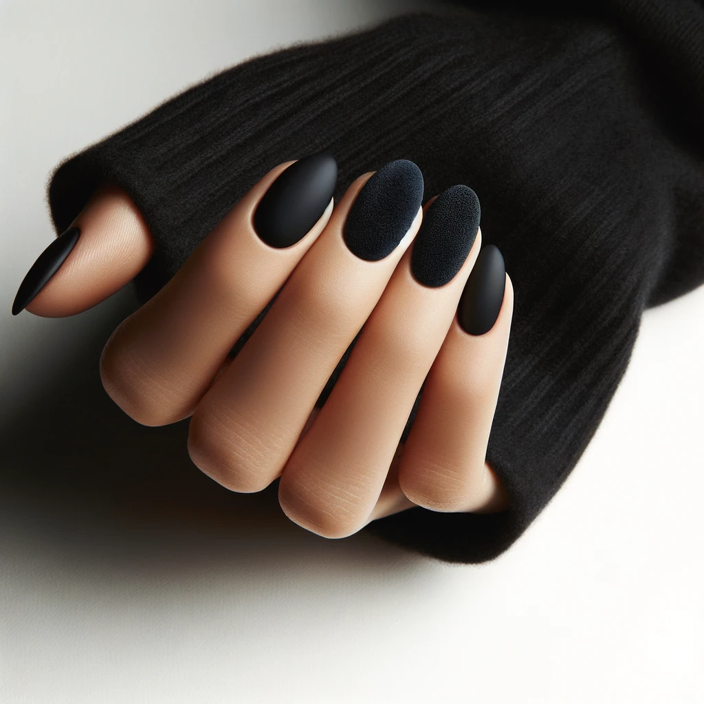 oval-shaped nails with a luxurious matte black velvet finish