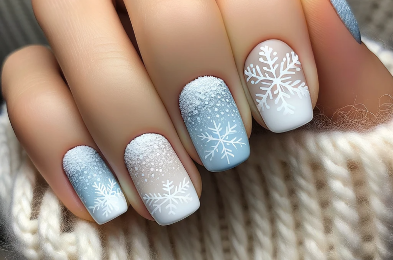 pale blue and white gradient base with snowflakes featured