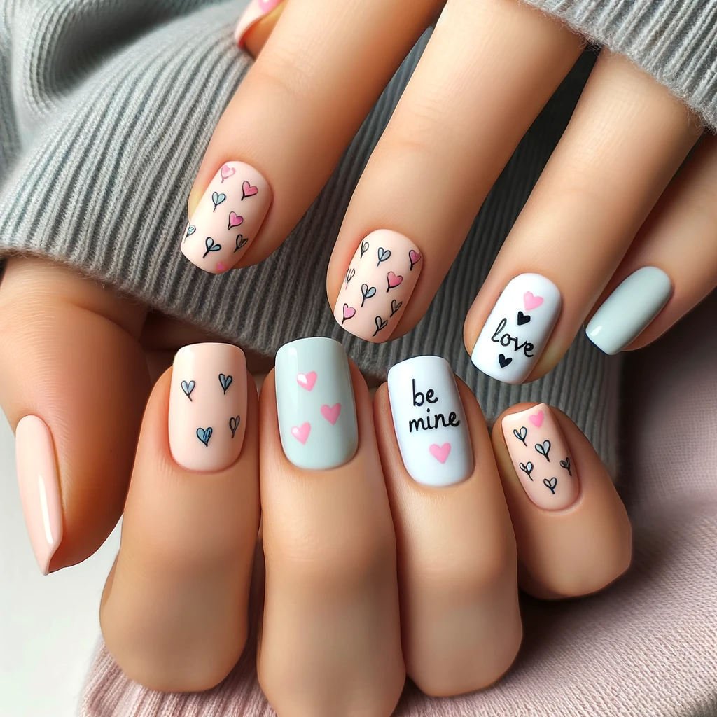 pastel colored nails with tiny hearts and cute sayings