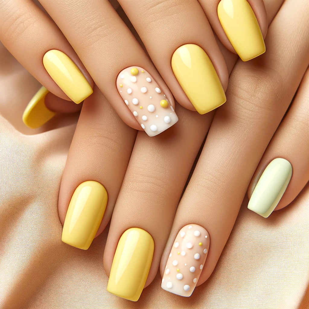 pastel yellow nails with small white polka dots