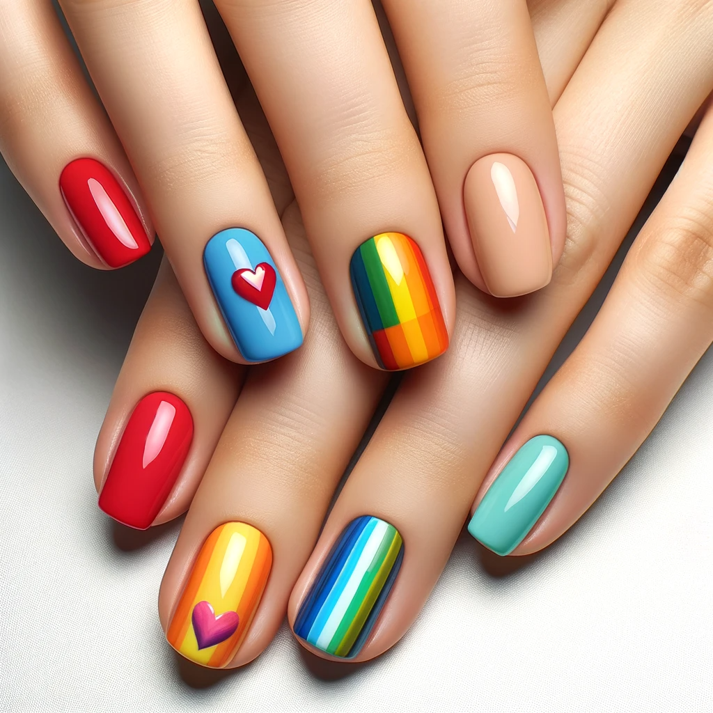 rainbow nails painted vibrant red, bright orange, sunny yellow with hearts