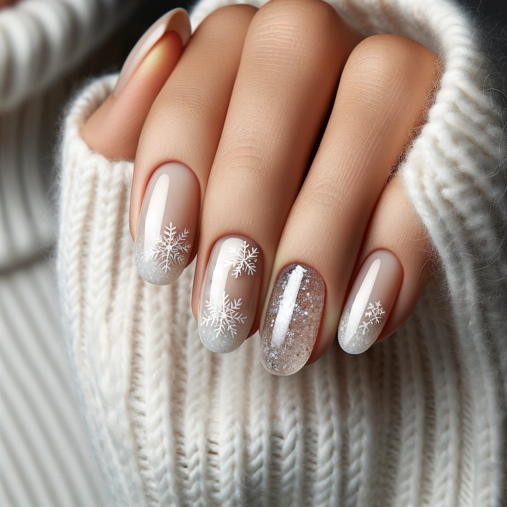 sheer, glossy base with subtle silver glitter snowflakes