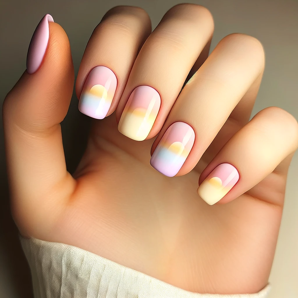 short nails painted in a pastel sunset design
