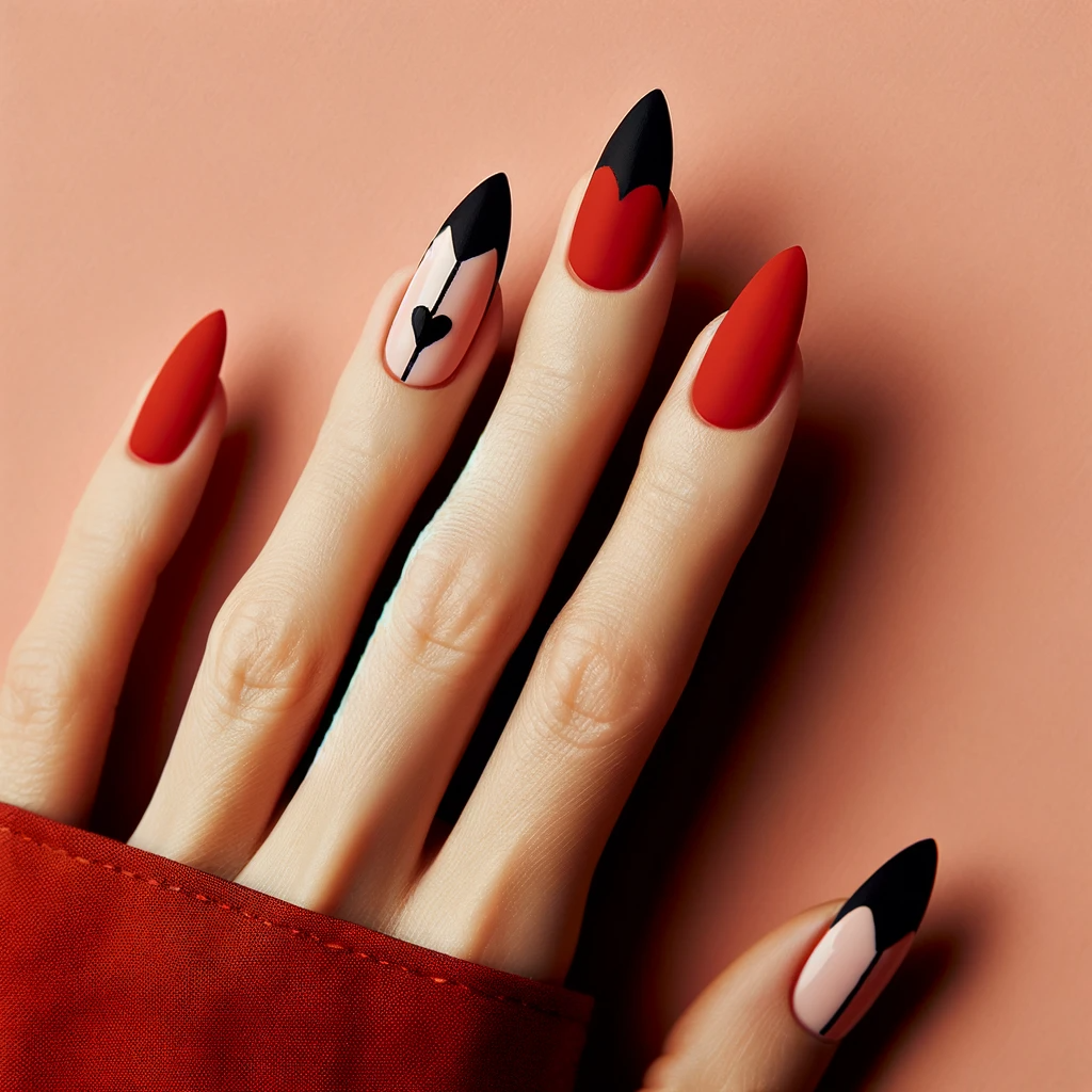 stiletto nails with a red base and black heart tips
