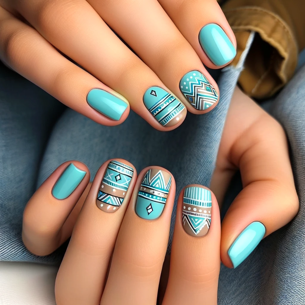 turquoise and minimal silver line detailing in Aztec patterns