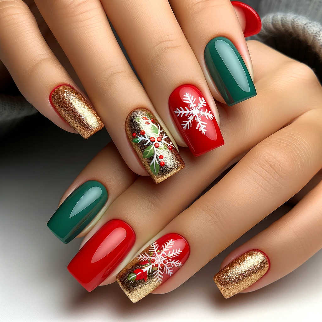 vibrant red or green base with gold snowflakes