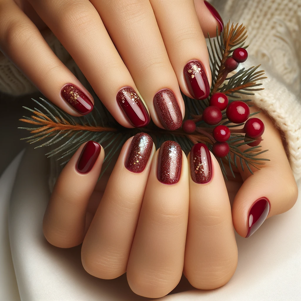 winter wedding nails featuring deep ruby red with subtle gold flecks