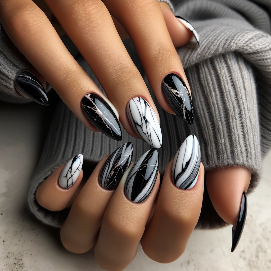 black and white marble nail art design