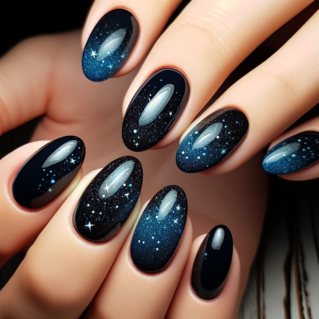 dark blue sprinkled with glitter nails