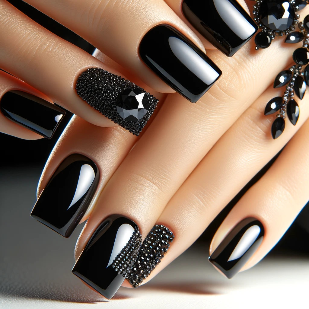high gloss black, with one feature nail on each hand embellished with tiny black diamonds