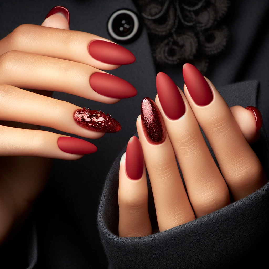 luxurious matte red nails accented with a subtle glitter