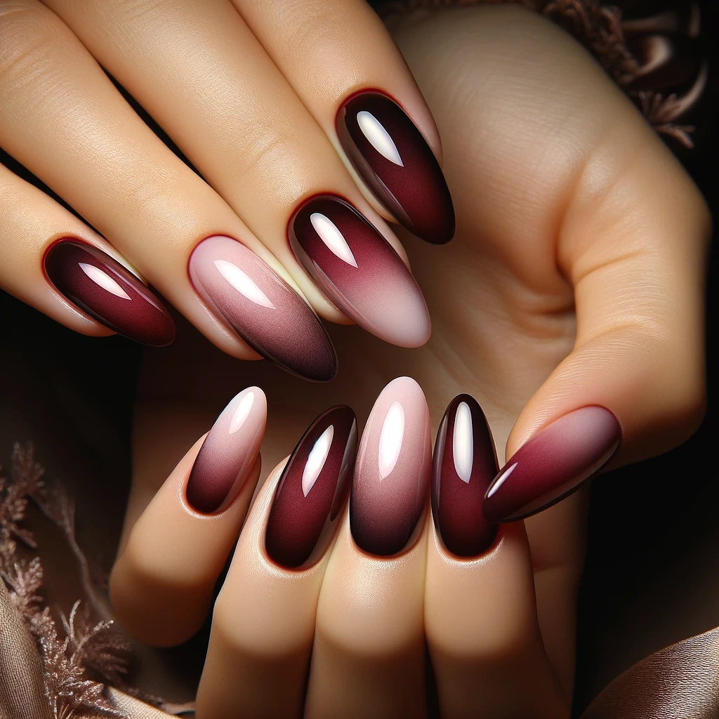 ombré blend from rich burgundy to soft pink nails