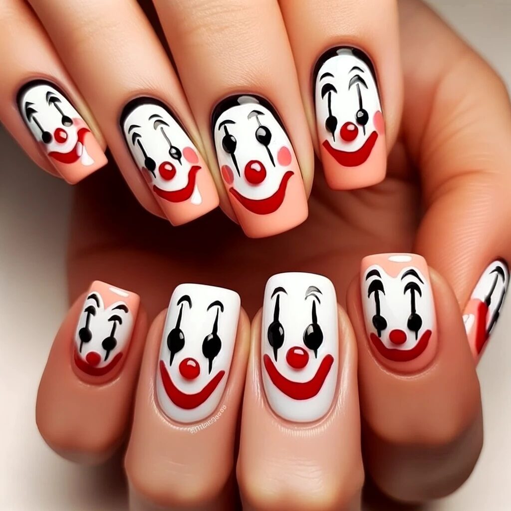 April Fools' Day nails with clown faces