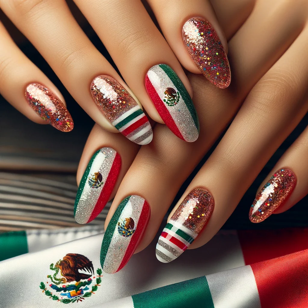 Cinco de Mayo nail art with horizontal stripes mimicking the Mexican flag