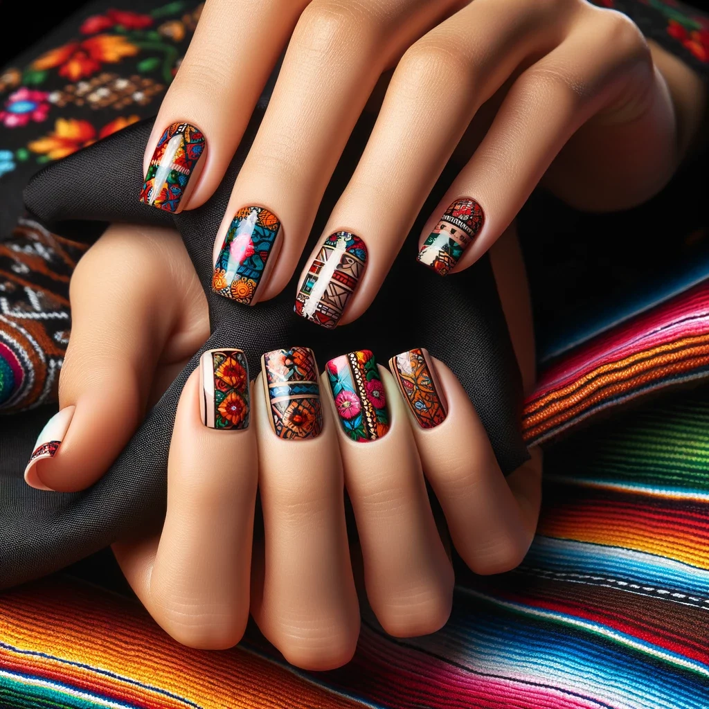 Cinco de Mayo nail art with intricate, colorful patterns