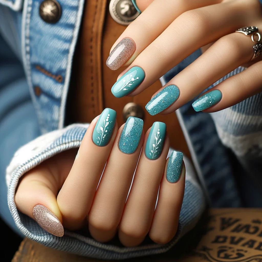 Western style themed nail art with a vibrant turquoise base and subtle silver glitter accents