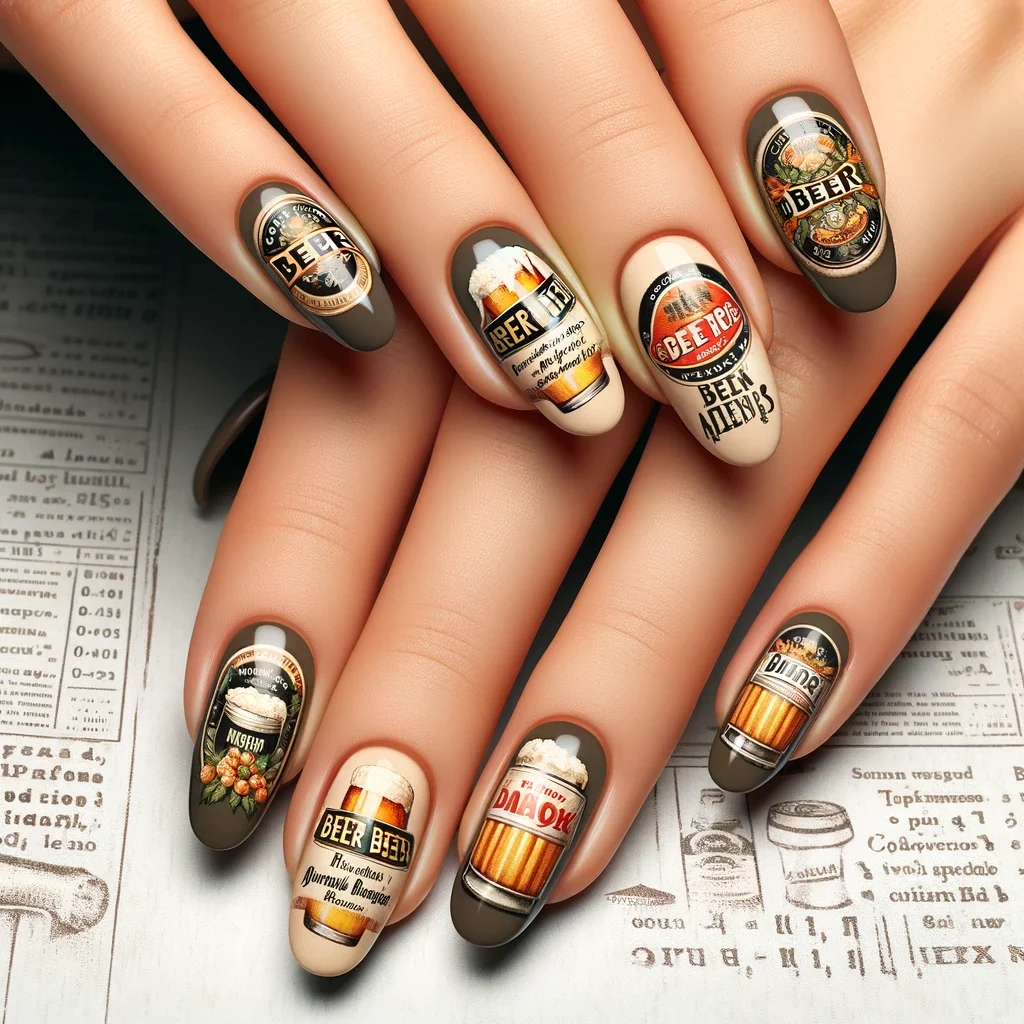 beer-themed nail art inspired by vintage beer ads