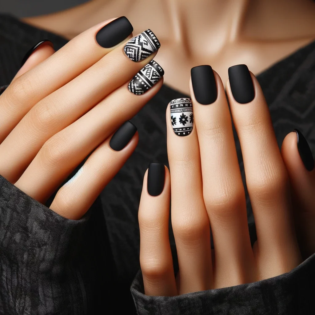 black and white Aztec prints on two accent nails