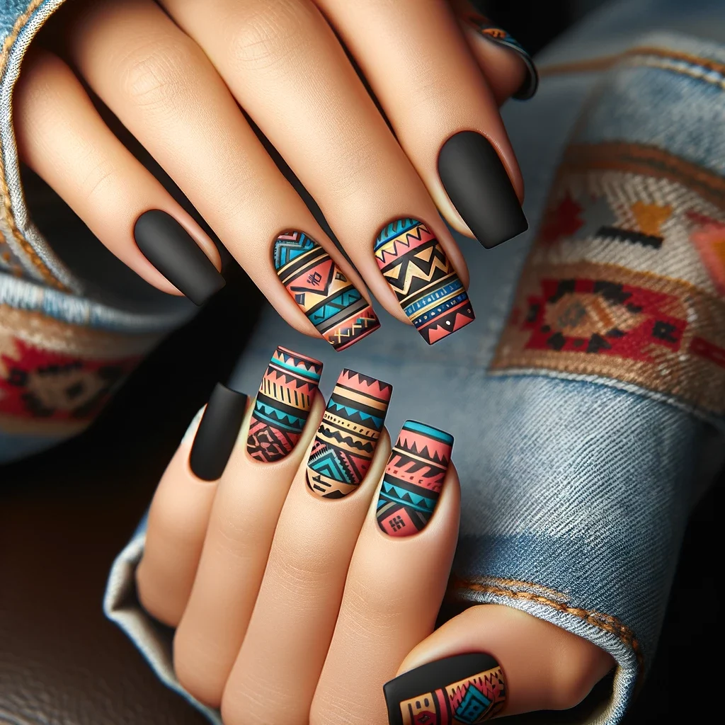 colorful Aztec prints on accent nails