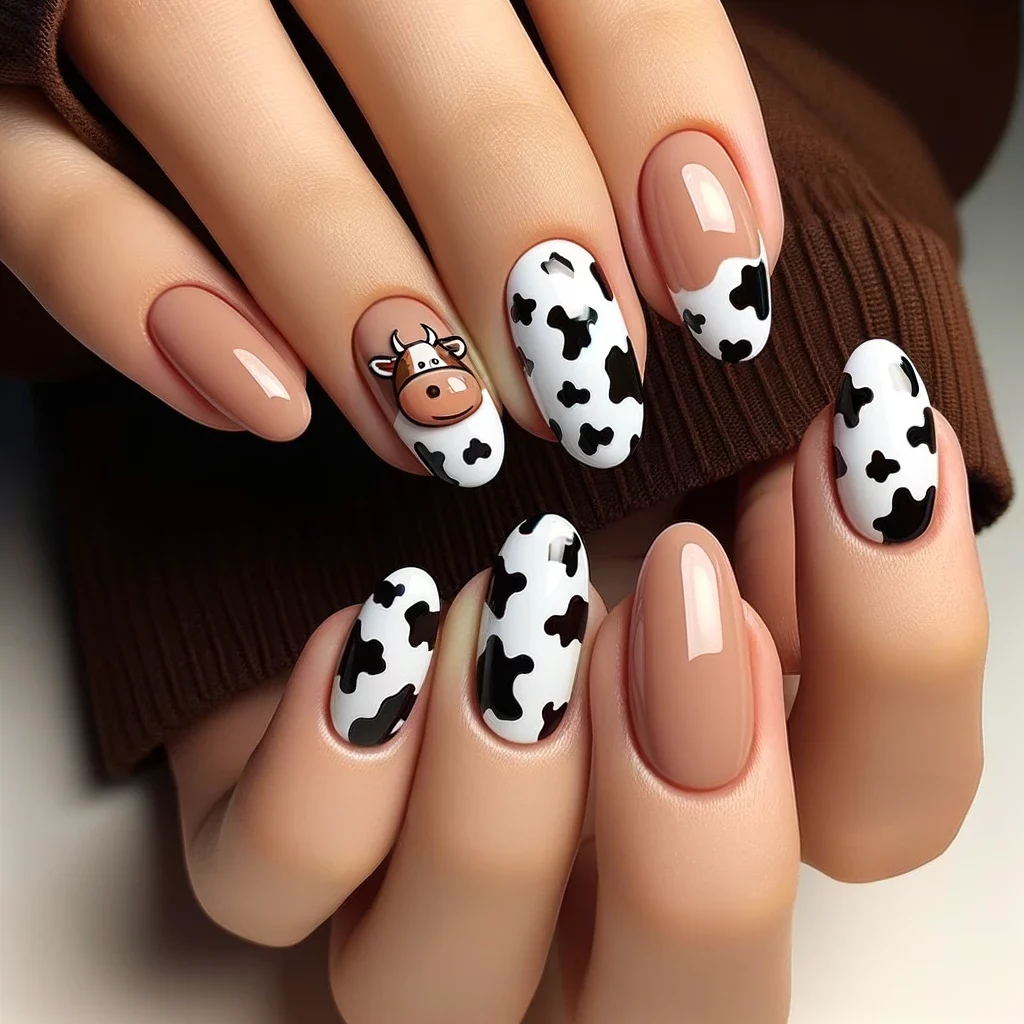 cow print design on oval-shaped nails