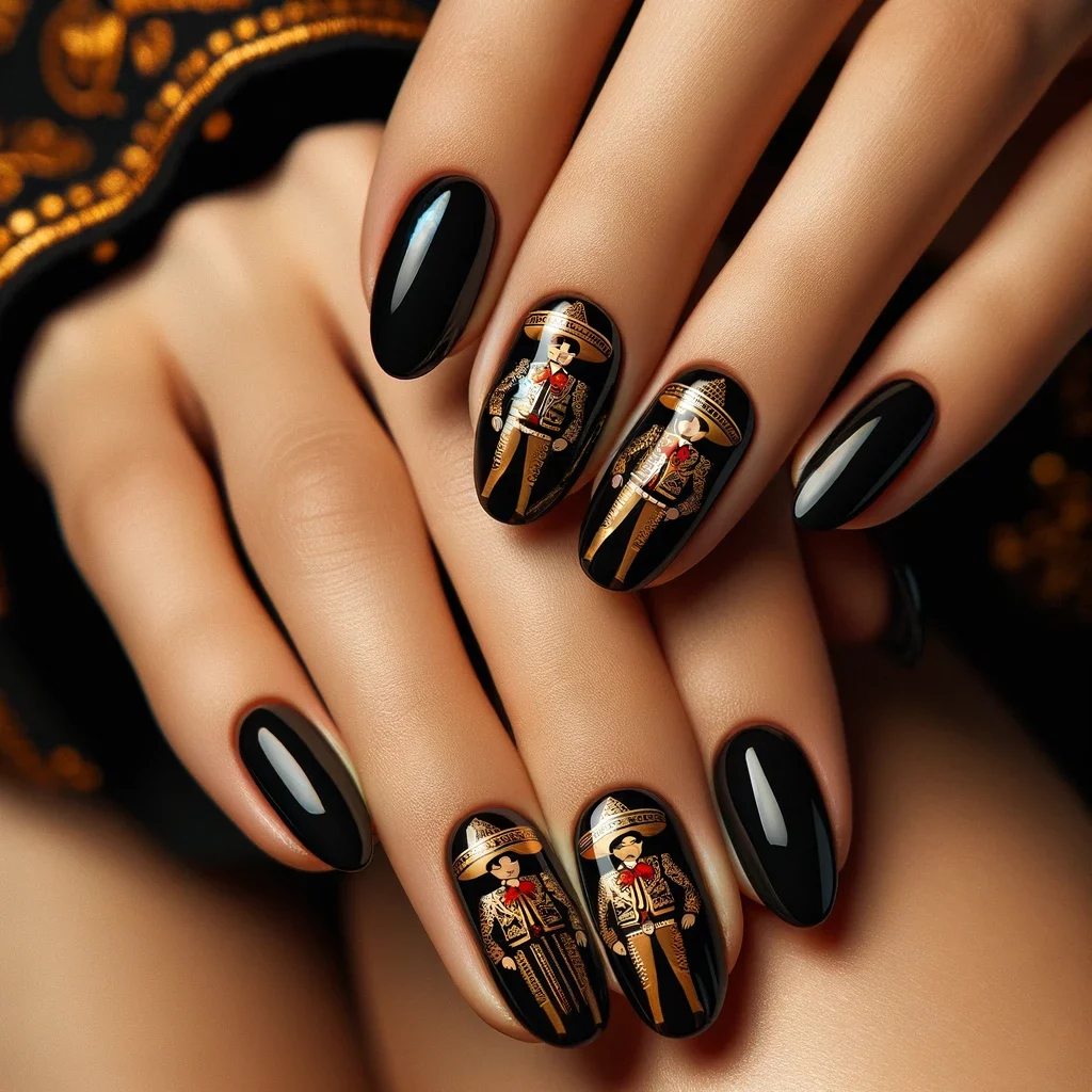 glossy black nails adorned with gold Mexican men
