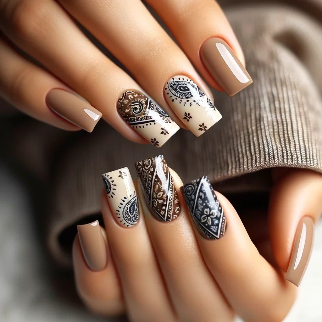 light brown nails with dark paisley prints