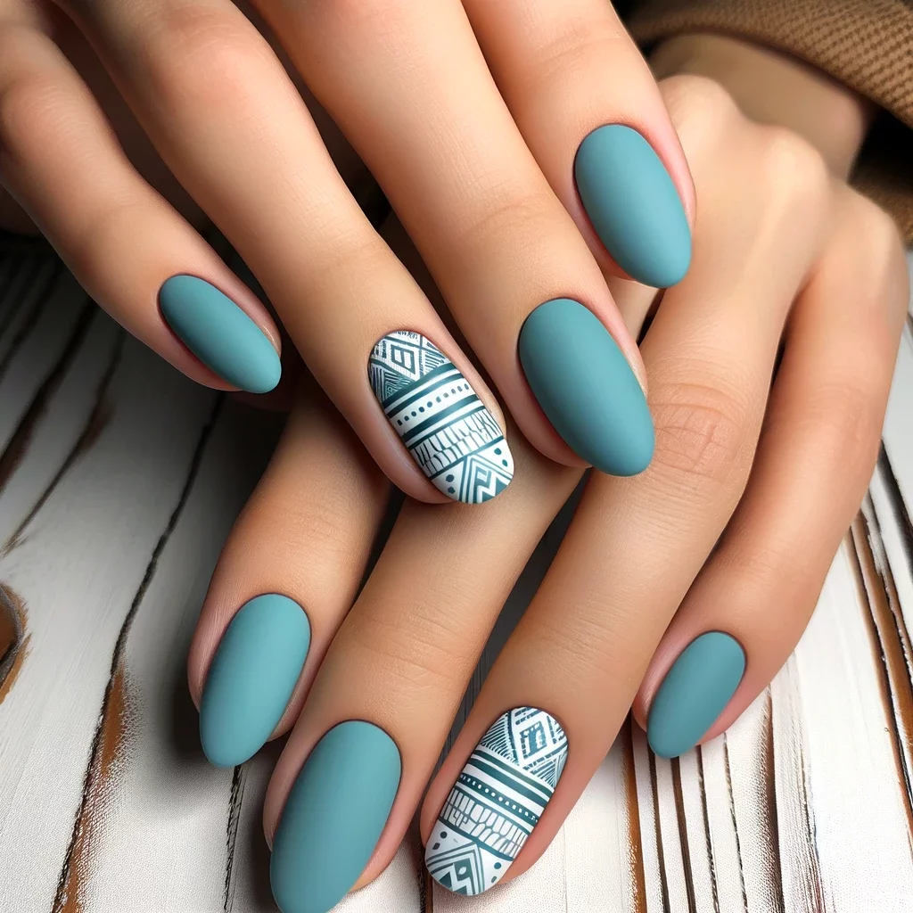 matte turquoise base with Aztec patterns