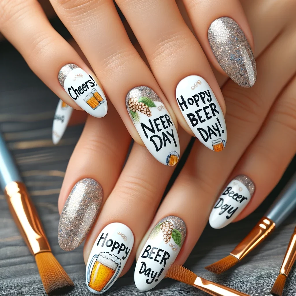 nail art themed around beer quotes for National Beer Day