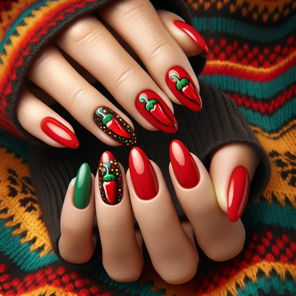 nail art with vibrant red nails and small green chili pepper