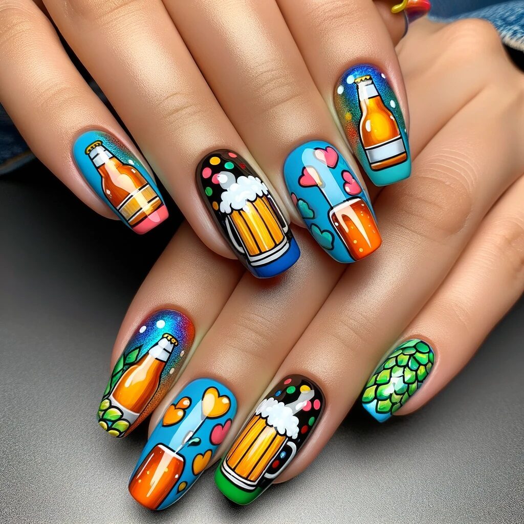 nails decorated with colorful, cartoony beer motifs