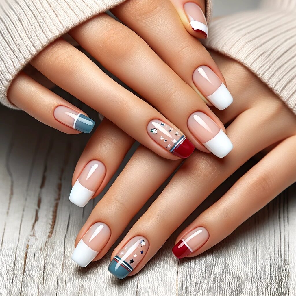 red, white, and blue French Tips with accent stars