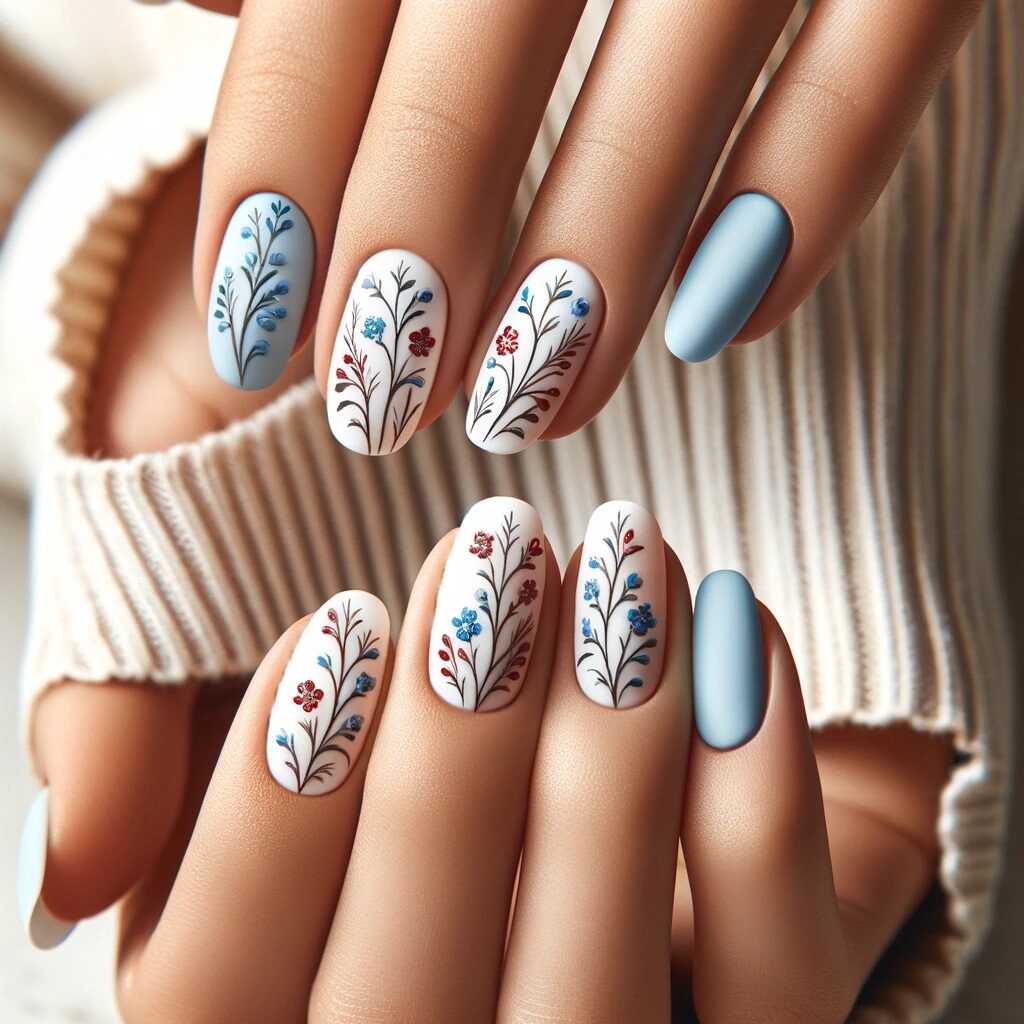red, white, and blue floral nail art